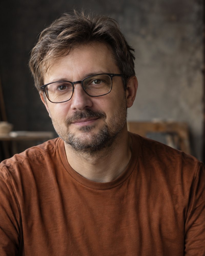 Mężczyzna około 41 lat, okulary, rdzawa koszula, pyliste studio, bez nadruku